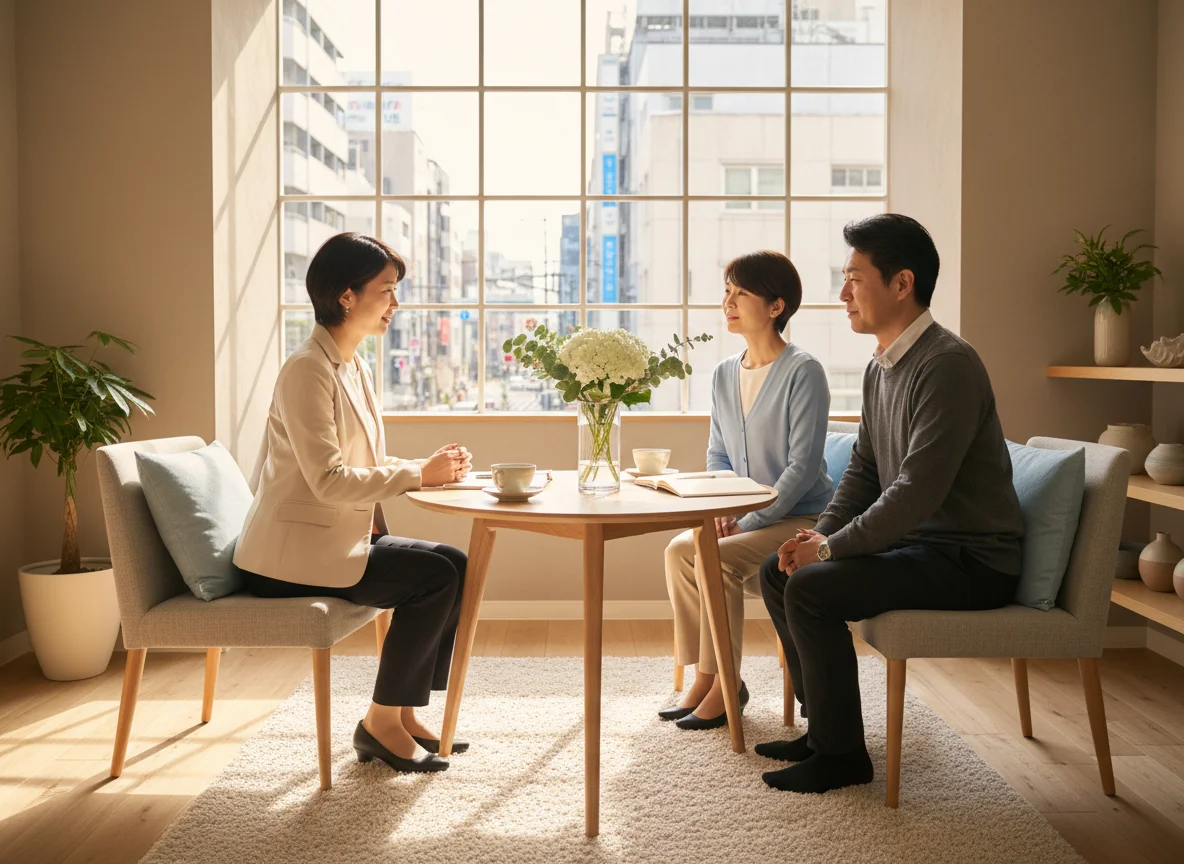 窓辺のテーブルに置かれた花と相談資料のある室内